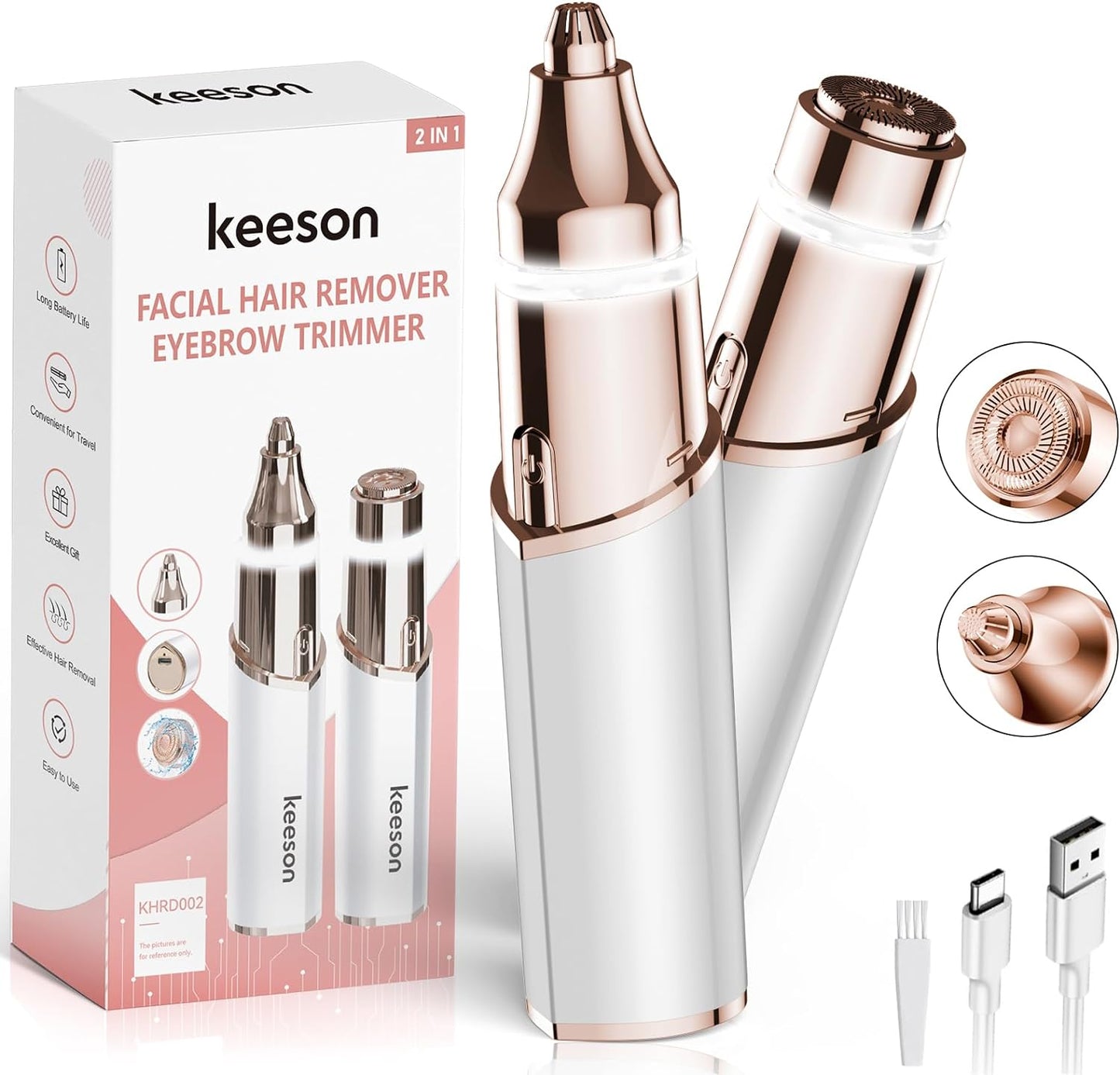 Facial Hair Removal for Women, 2-in-1 Electric Eyebrow Trimmer with LED Light, Rechargeable Hair Removal Device Face Shaver Facial Hair Remover for Women Face, Lip, Peach Fuzz (White)