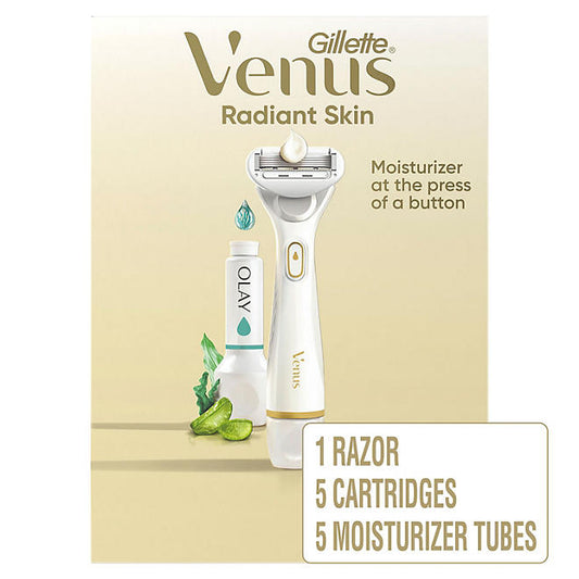 Venus Radiant Skin Razor for Women (1 Razor Handle, 5 Refills, 5 Olay Moisturizers)