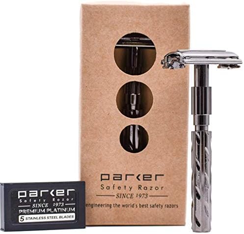 Parker 22R Gunmetal Finish Butterfly Open Double Edge Safet Razor for Men, 5 Parker Premium Platinum Double Edge Razor Blades Included
