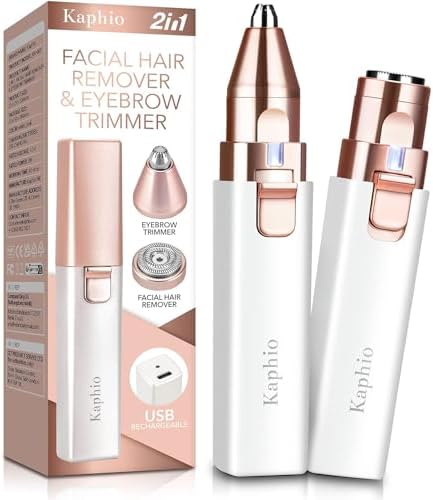 KAPHIO Facial - Eyebrow Hair Remover for Women: Rechargeable 2 in 1 Eyebrow Trimmer and Face Shavers for Women - Painless Electric Hair Removal Device for Face Eyebrows Peach Fuzz Lips with Light
