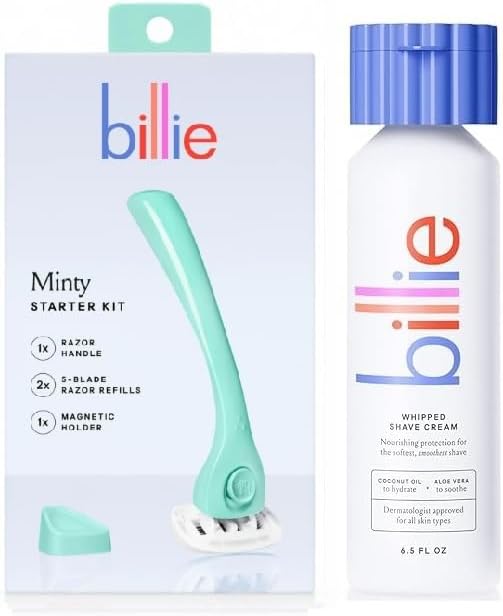 Gift Set: Billie Women’s Razor Kit - 1 Handle + 2 x 5-Blade Refills + Magnetic Holder and Whipped Shave Cream - Lavender & Bergamot Scent - 6.5 fl oz (Minty)