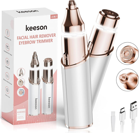 Facial Hair Removal for Women, 2-in-1 Electric Eyebrow Trimmer with LED Light, Rechargeable Hair Removal Device Face Shaver Facial Hair Remover for Women Face, Lip, Peach Fuzz (White)