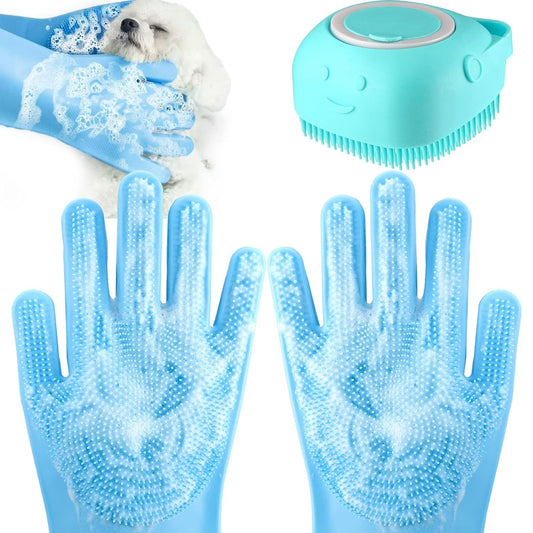 Dog Bath Brush with Gloves, Cat Bathing Gloves, Silicone Dog washing Gloves with High-Density Teeth, Dog Bath Supplies Christmas Gifts for Long Short Haired Dogs and Cats Blue