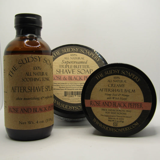 Rose & Black Pepper (Triple Butter) Shaving Soap, Splash, and Balm - by Sudsy Soapery (Pre-Owned)