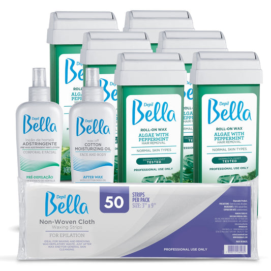 Depil Bella Roll-On Algae with Peppermint Wax Hair Removal Cartridges 3.52Oz (6 PACK + ADD)
